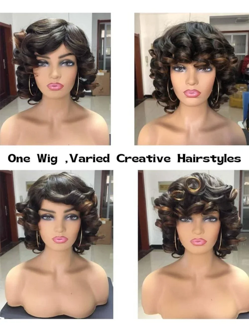 Women Black 14 Inch Ombre Brown Party Cosplay Use For Short Curly Wig With Bangs